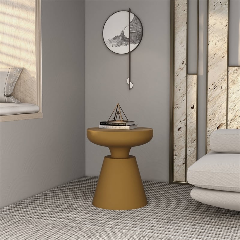 LeisureMod Round Side Table in Fiberstone Pedestal Base Isle Series in Brown