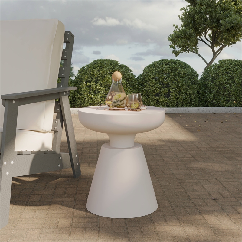 LeisureMod Round Side Table in Fiberstone Pedestal Base Isle Series in Cream