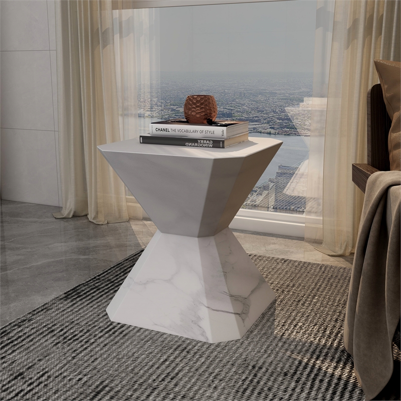 LeisureMod Fiberstone Side Table Hourglass Design Azure Series in Marble White