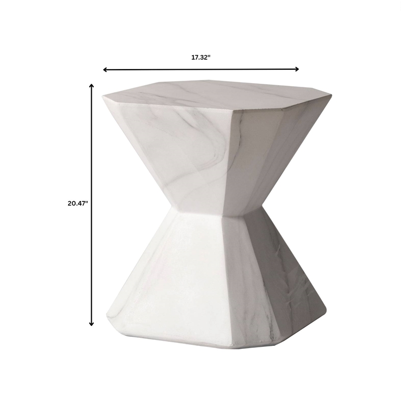 LeisureMod Fiberstone Side Table Hourglass Design Azure Series in Marble White