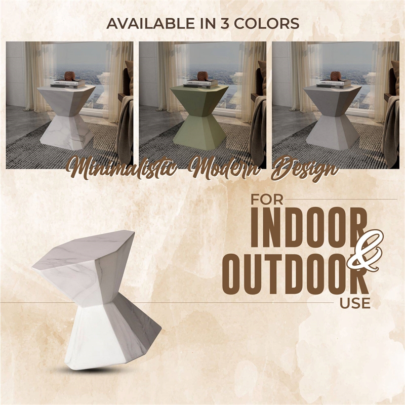 LeisureMod Fiberstone Side Table Hourglass Design Azure Series in Marble White