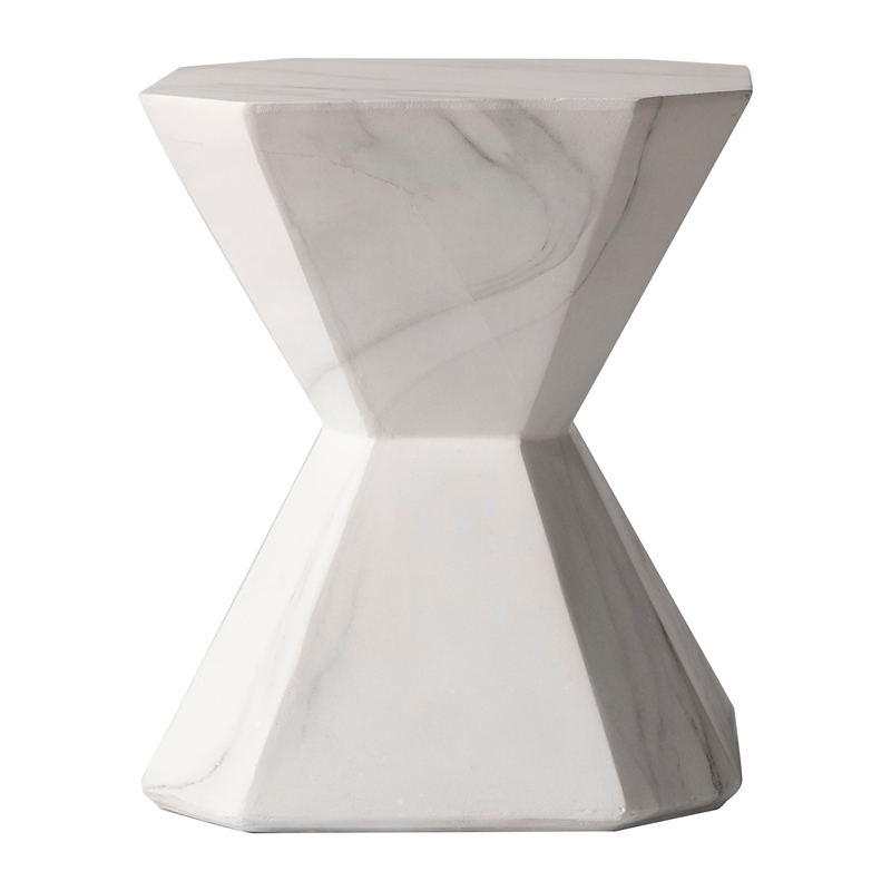 LeisureMod Fiberstone Side Table Hourglass Design Azure Series in Marble White