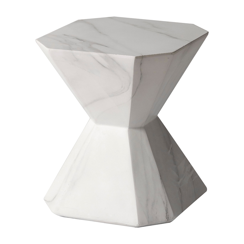 LeisureMod Fiberstone Side Table Hourglass Design Azure Series in Marble White