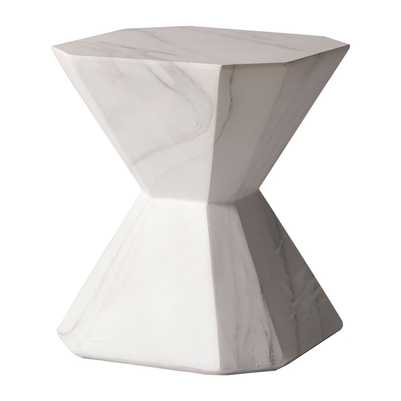 LeisureMod Fiberstone Side Table Hourglass Design Azure Series in Marble White