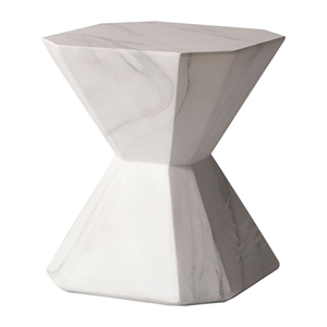 LeisureMod Fiberstone Side Table Hourglass Design Azure Series in Marble White
