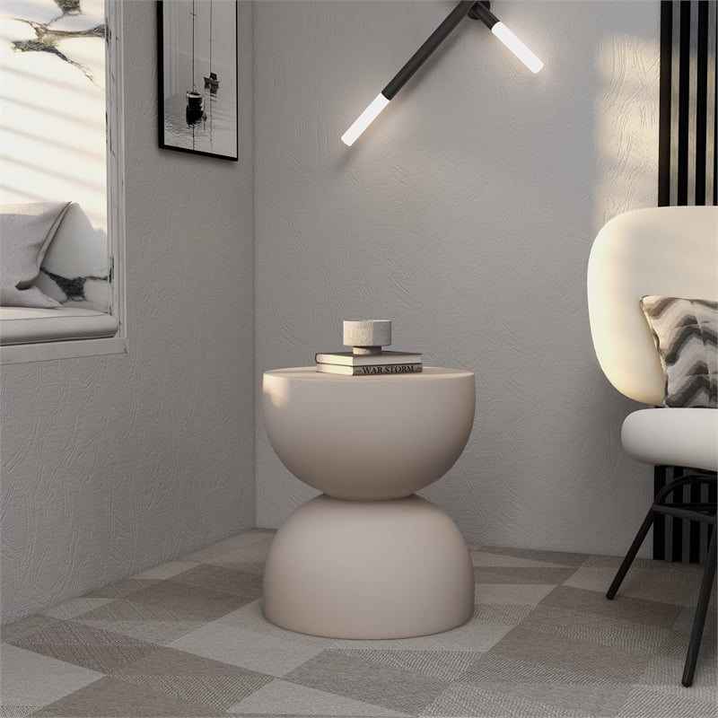 LeisureMod Round Side Table in Fiberstone End Table Sage Series in Beige