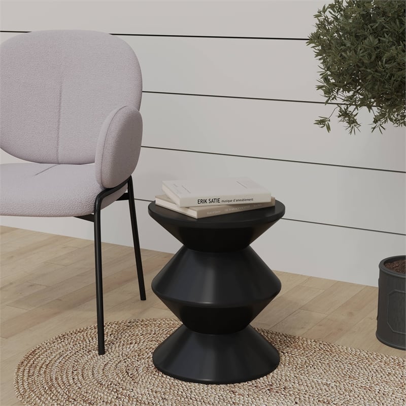 LeisureMod Round Side Table in ABS Plastic Double-Hourglass Design in Black