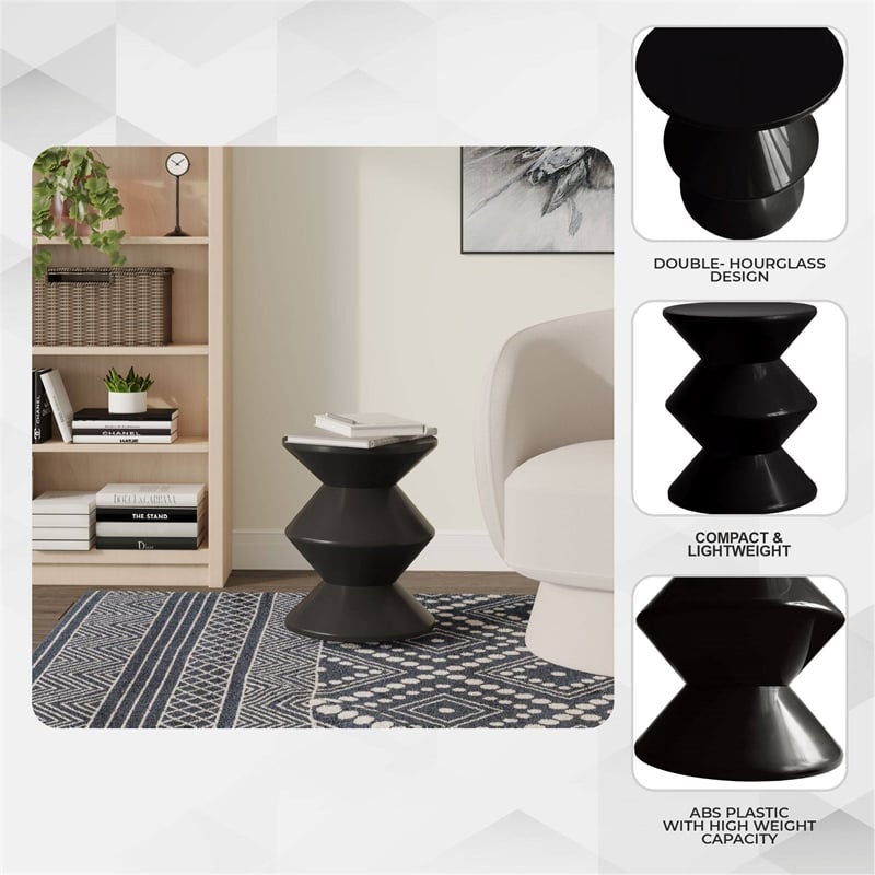 LeisureMod Round Side Table in ABS Plastic Double-Hourglass Design in Black