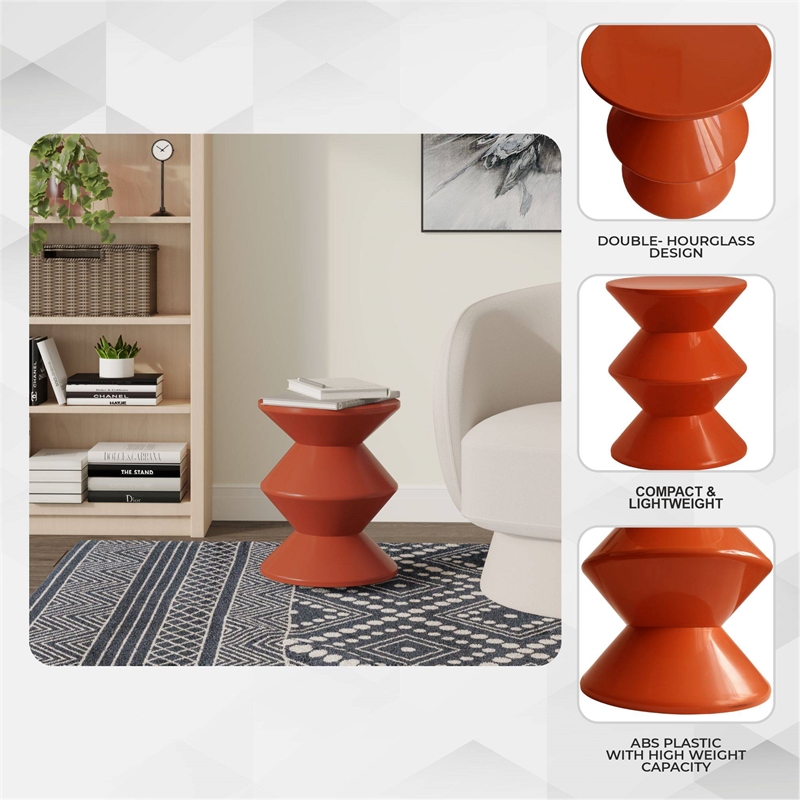 LeisureMod Round Side Table in ABS Plastic Double-Hourglass Design in Brown