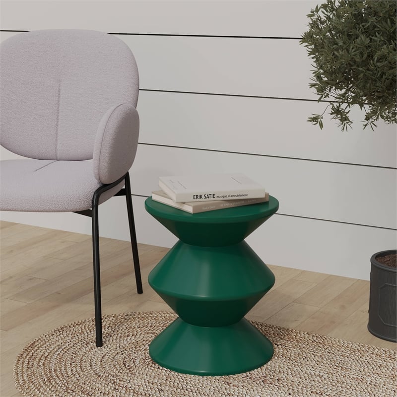 LeisureMod Round Side Table in ABS Plastic Double-Hourglass Design in Green