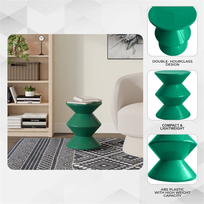 LeisureMod Round Side Table in ABS Plastic Double-Hourglass Design in Green