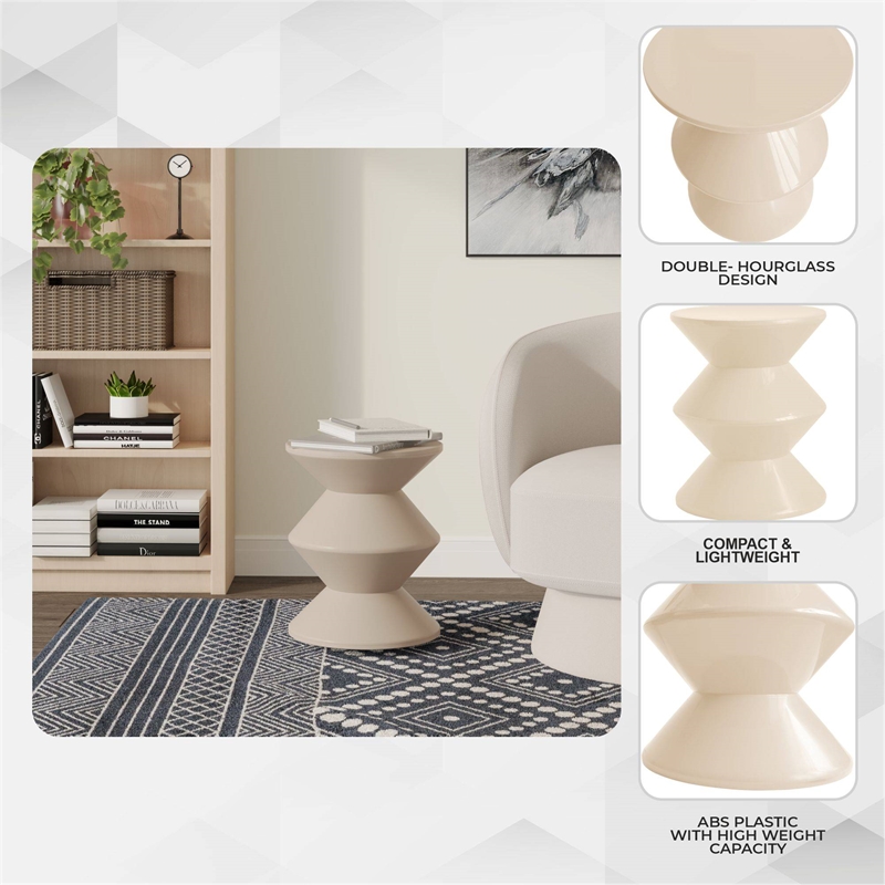 LeisureMod Round Side Table in ABS Plastic Double-Hourglass Design in Ivory