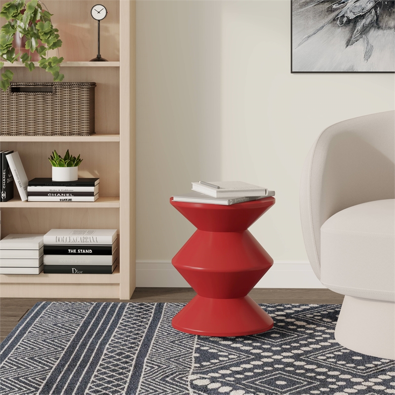 LeisureMod Round Side Table in ABS Plastic Double-Hourglass Design in Red