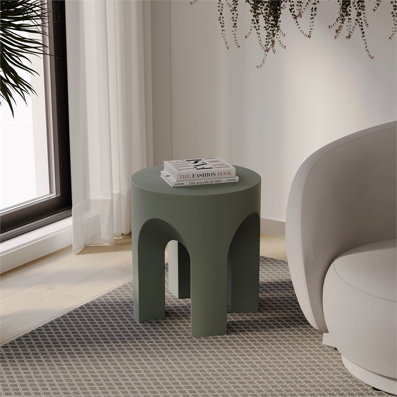 LeisureMod Round Fiberstone Side Table Arched Base Crus Series in Gray