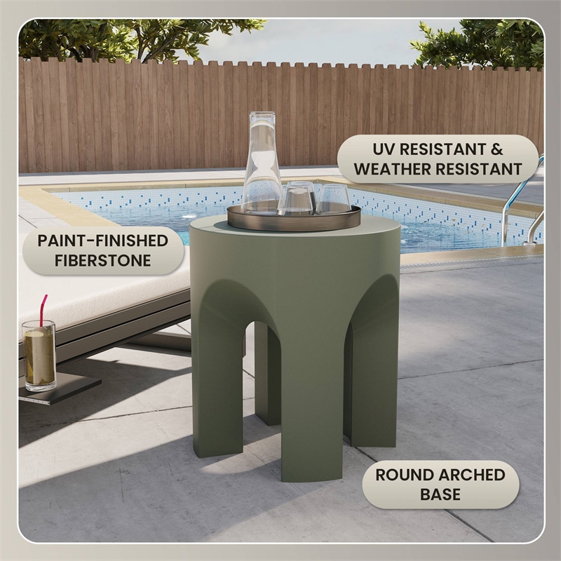 LeisureMod Round Fiberstone Side Table Arched Base Crus Series in Gray