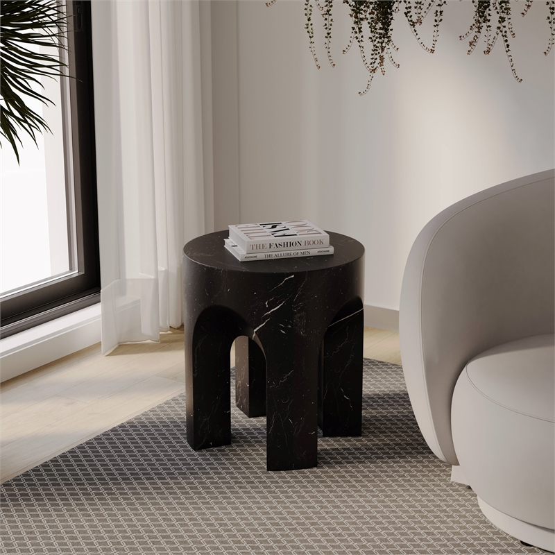 LeisureMod Round Fiberstone Side Table Arched Base Crus Series in Black
