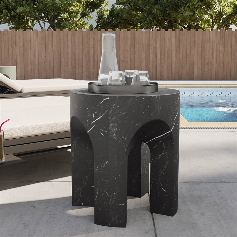 LeisureMod Round Fiberstone Side Table Arched Base Crus Series in Black