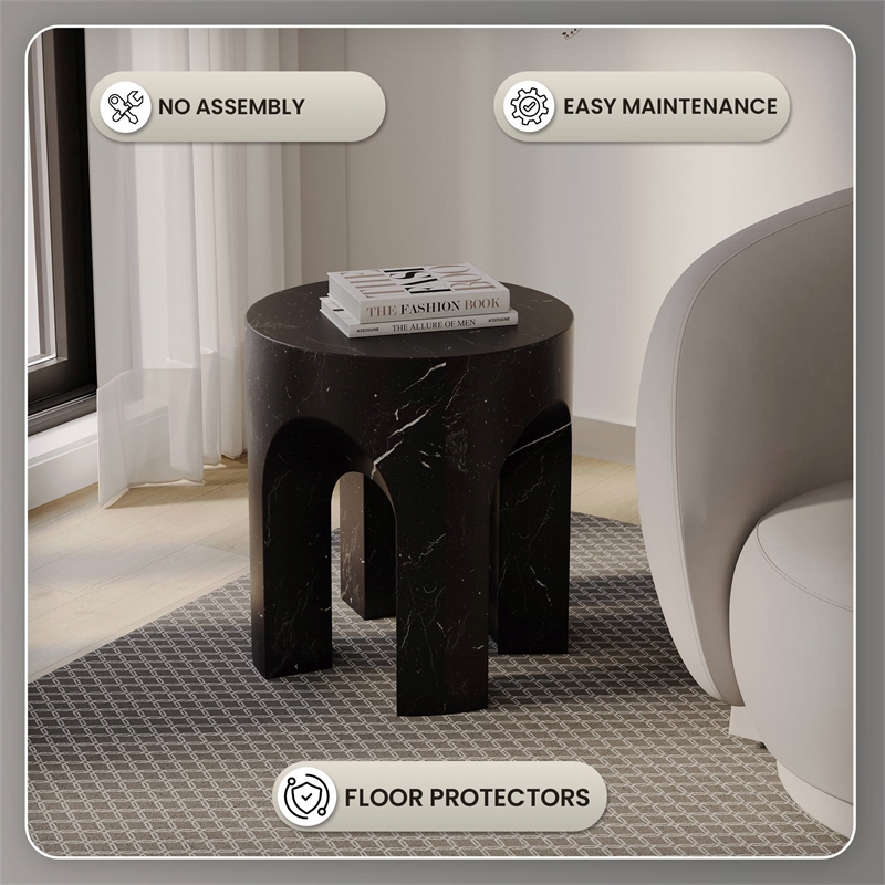 LeisureMod Round Fiberstone Side Table Arched Base Crus Series in Black