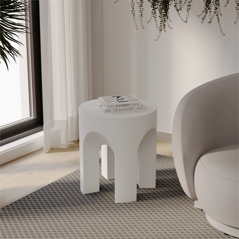 LeisureMod Round Fiberstone Side Table Arched Base Crus Series in White