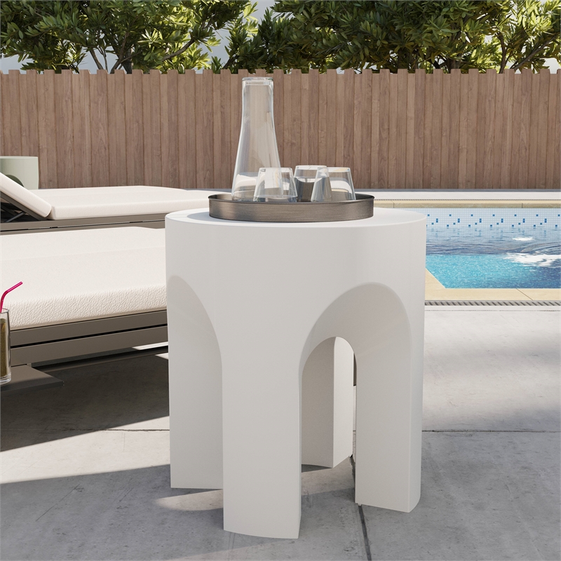 LeisureMod Round Fiberstone Side Table Arched Base Crus Series in White