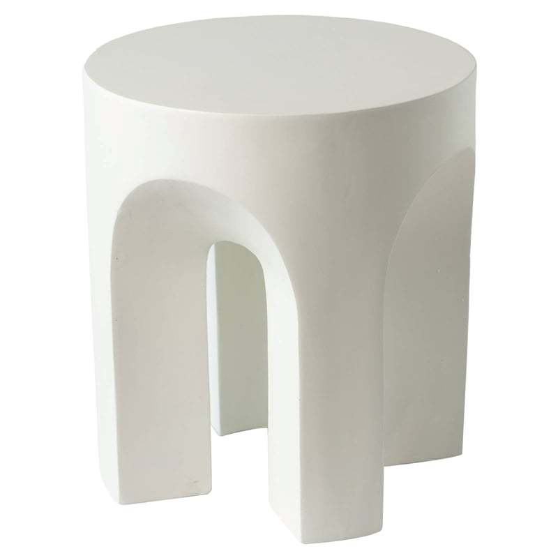 LeisureMod Round Fiberstone Side Table Arched Base Crus Series in White