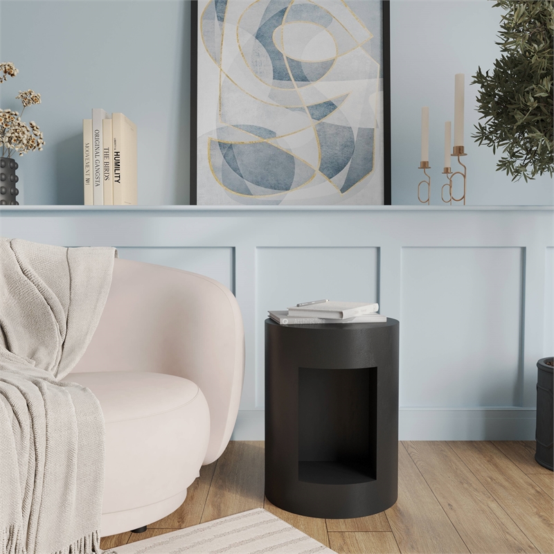 LeisureMod Round Fiberstone Side Table With Open Storage in Black