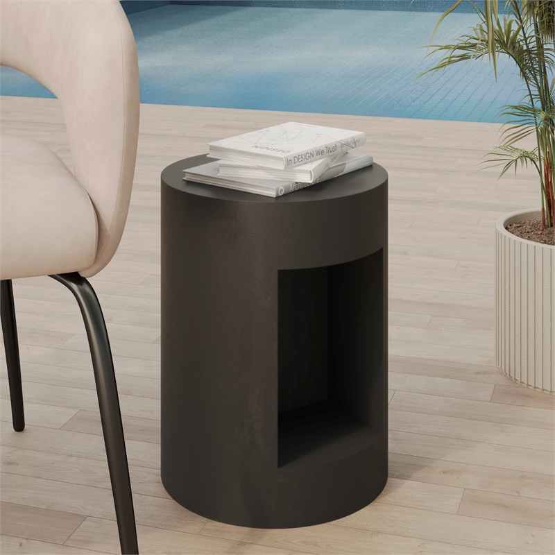 LeisureMod Round Fiberstone Side Table With Open Storage in Black