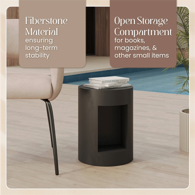 LeisureMod Round Fiberstone Side Table With Open Storage in Black