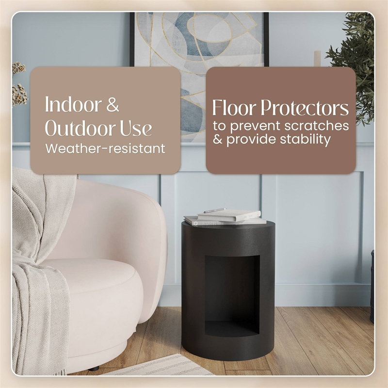 LeisureMod Round Fiberstone Side Table With Open Storage in Black