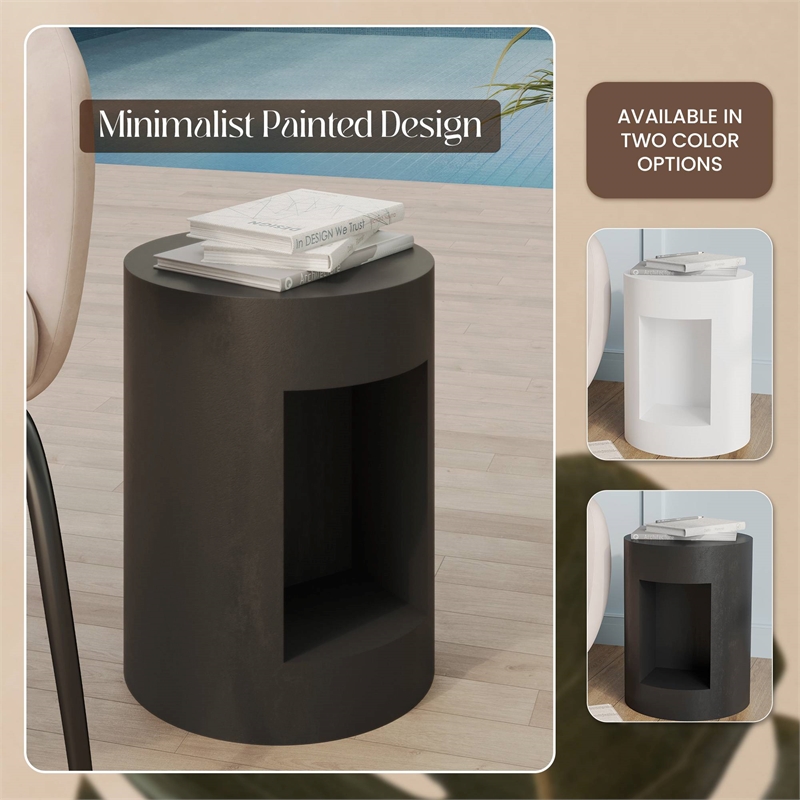 LeisureMod Round Fiberstone Side Table With Open Storage in Black