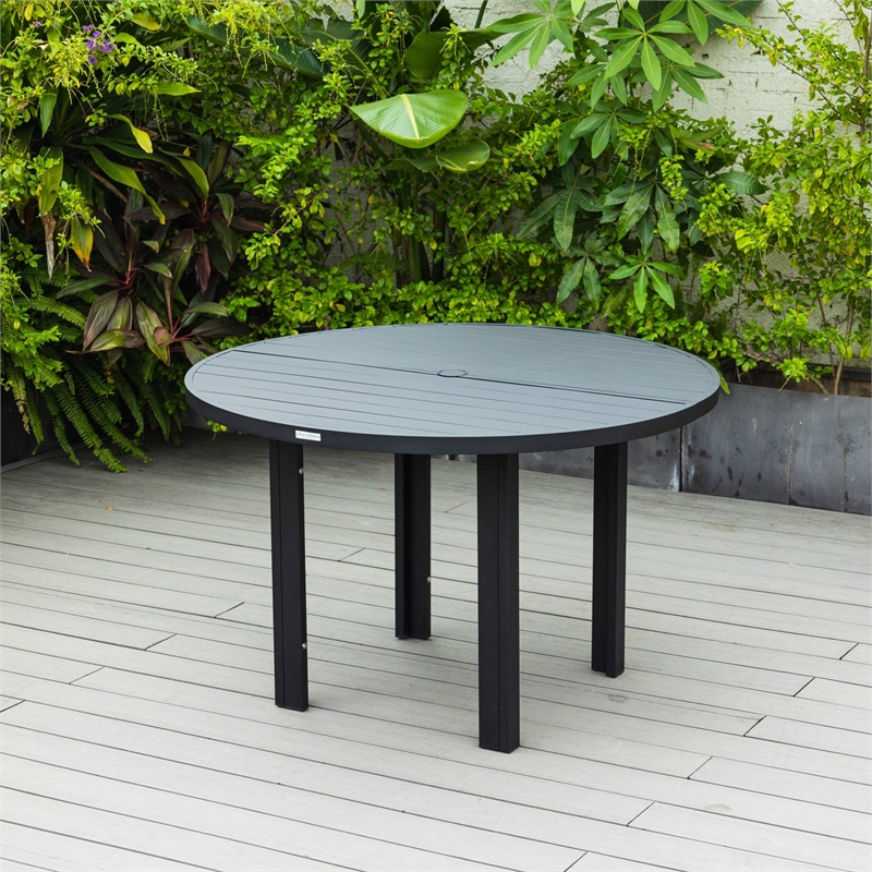Round Slatted Dining Table Powder-Coated Aluminum with Umbrella Hole in Black
