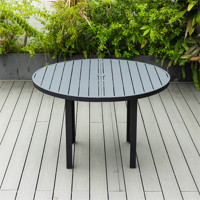 Round Slatted Dining Table Powder-Coated Aluminum with Umbrella Hole in Black