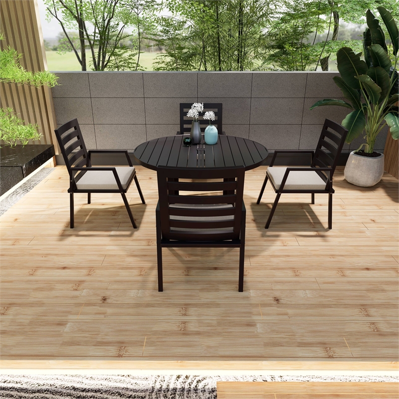 Round Slatted Dining Table Powder-Coated Aluminum with Umbrella Hole in Black