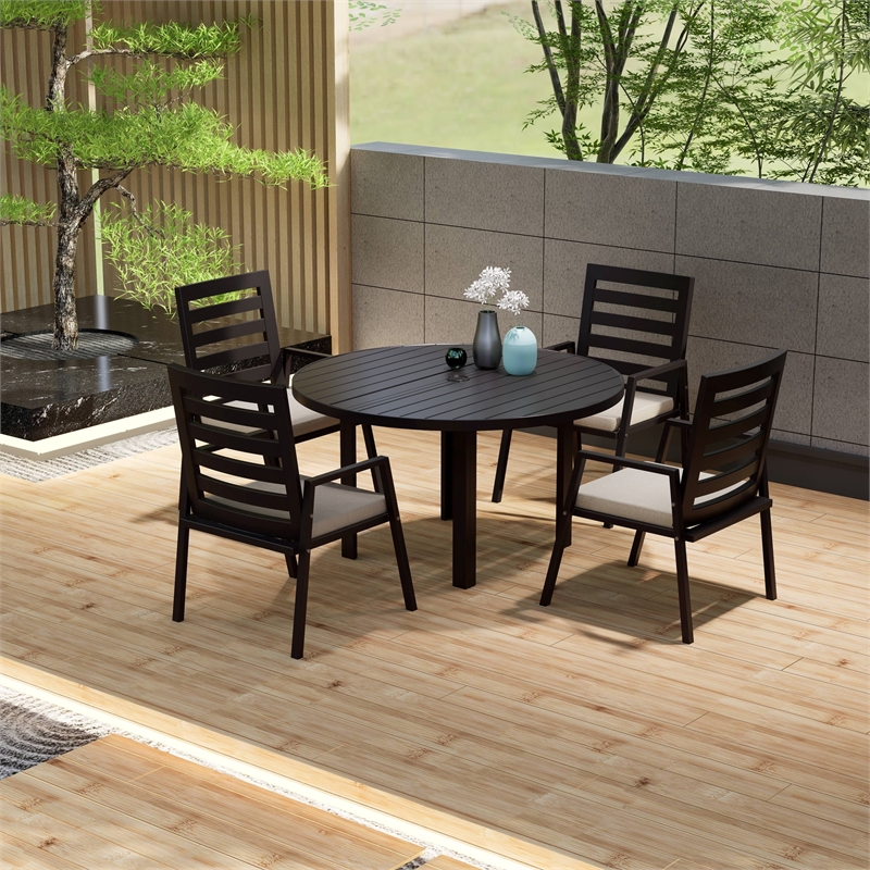 Round Slatted Dining Table Powder-Coated Aluminum with Umbrella Hole in Black