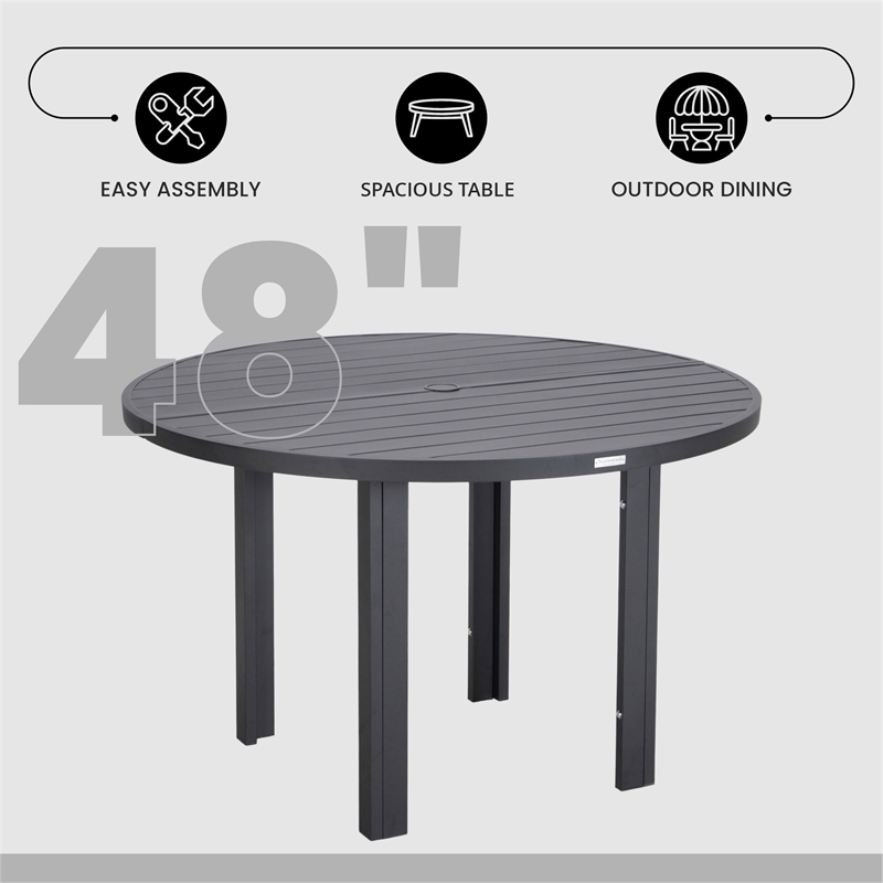 Round Slatted Dining Table Powder-Coated Aluminum with Umbrella Hole in Black