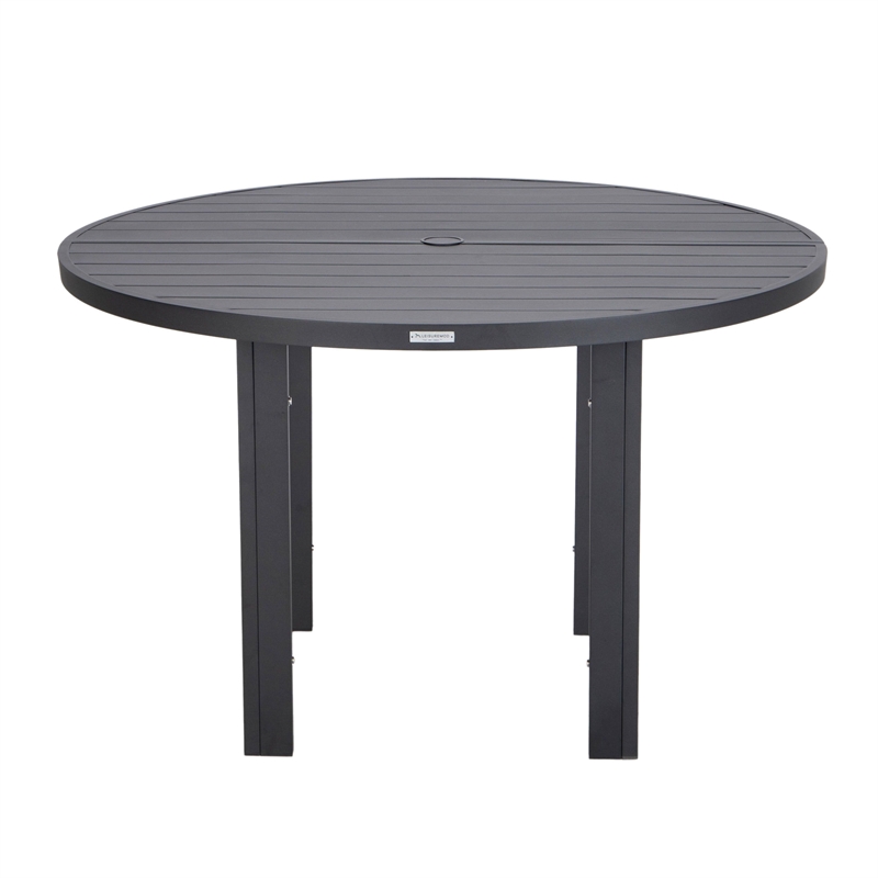 Round Slatted Dining Table Powder-Coated Aluminum with Umbrella Hole in Black