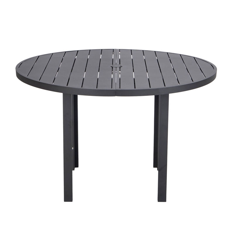 Round Slatted Dining Table Powder-Coated Aluminum with Umbrella Hole in Black
