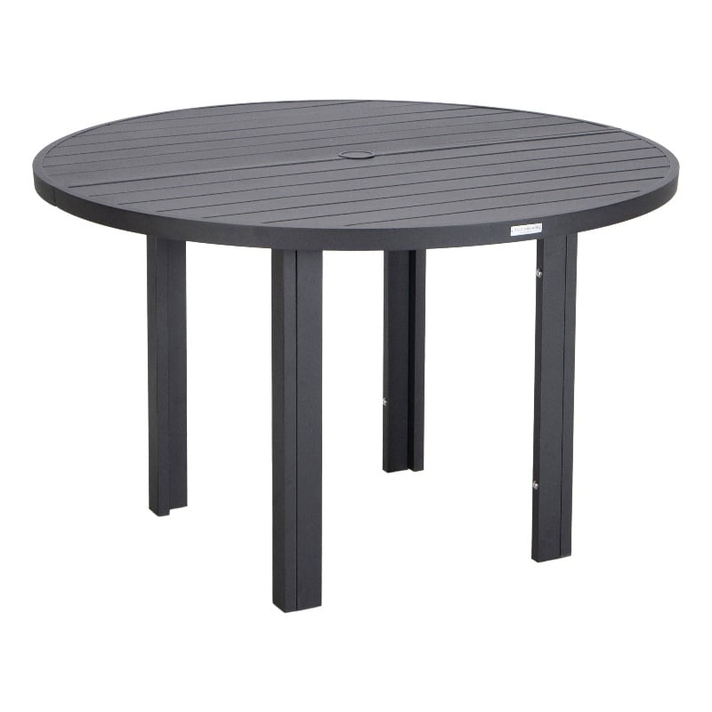 Round Slatted Dining Table Powder-Coated Aluminum with Umbrella Hole in Black