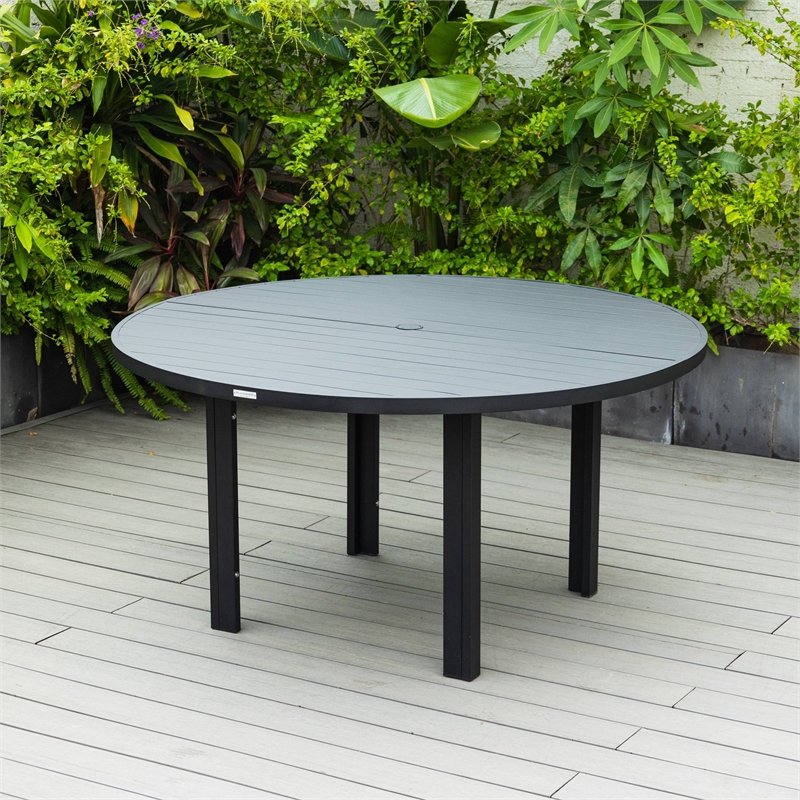 Round Slatted Dining Table Powder-Coated Aluminum with Umbrella Hole in Black