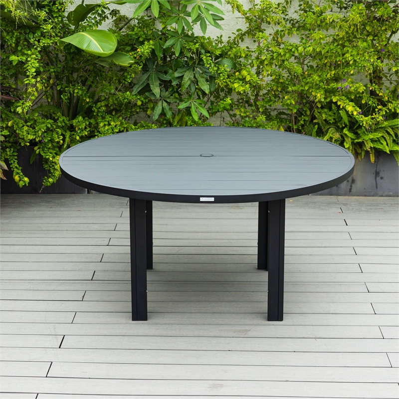 Round Slatted Dining Table Powder-Coated Aluminum with Umbrella Hole in Black