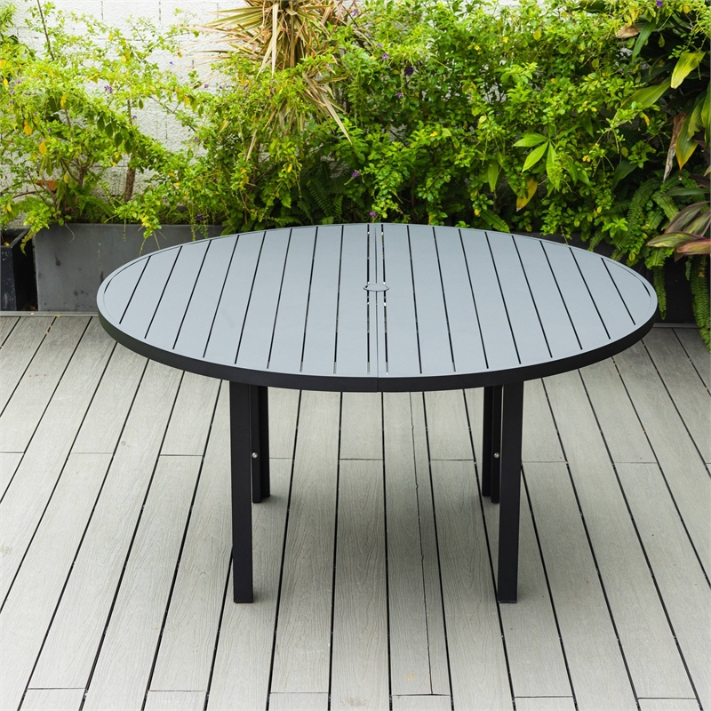 Round Slatted Dining Table Powder-Coated Aluminum with Umbrella Hole in Black