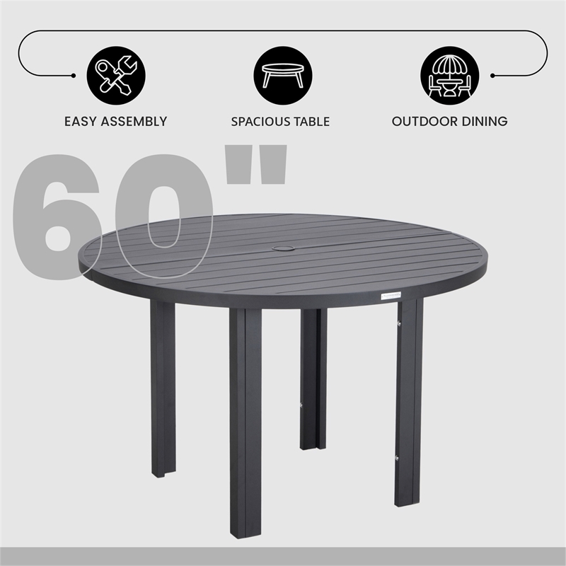 Round Slatted Dining Table Powder-Coated Aluminum with Umbrella Hole in Black