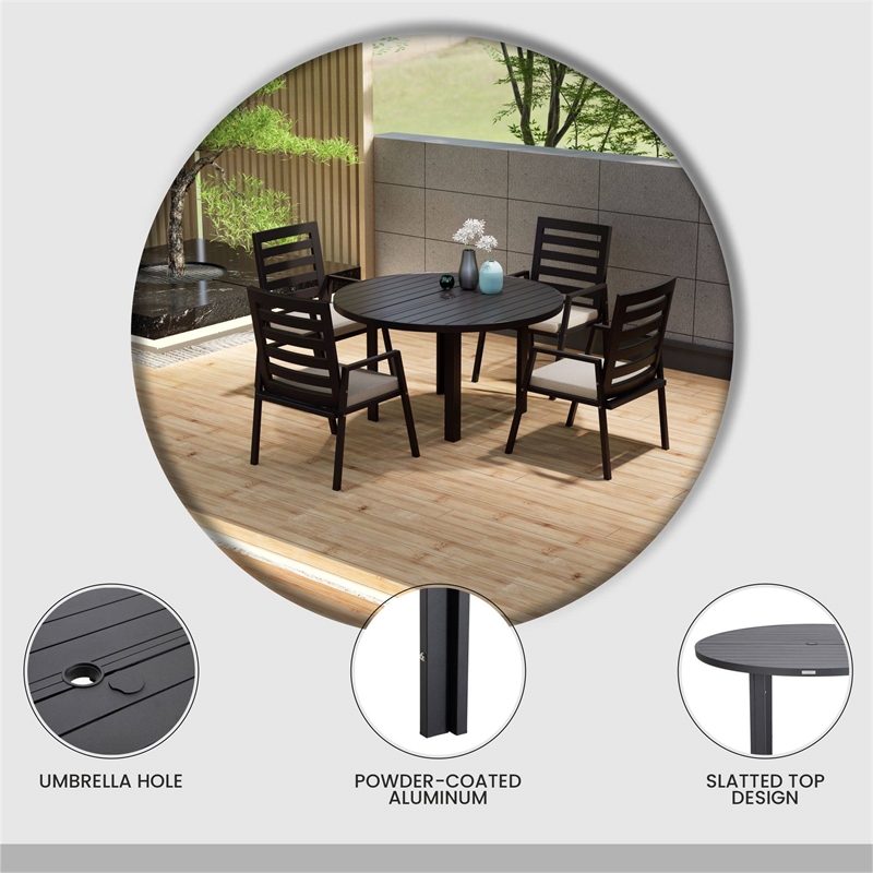 Round Slatted Dining Table Powder-Coated Aluminum with Umbrella Hole in Black