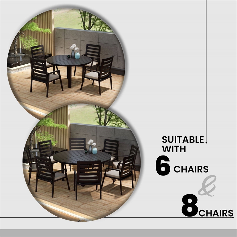 Round Slatted Dining Table Powder-Coated Aluminum with Umbrella Hole in Black