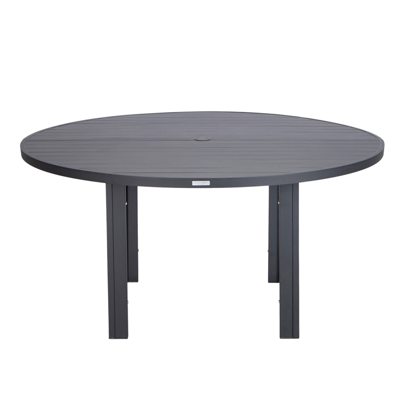Round Slatted Dining Table Powder-Coated Aluminum with Umbrella Hole in Black