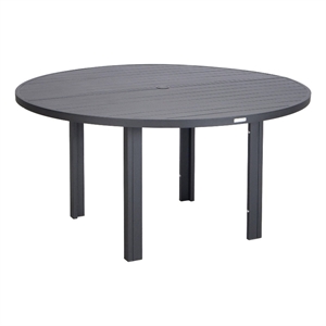 Round Slatted Dining Table Powder-Coated Aluminum with Umbrella Hole in Black