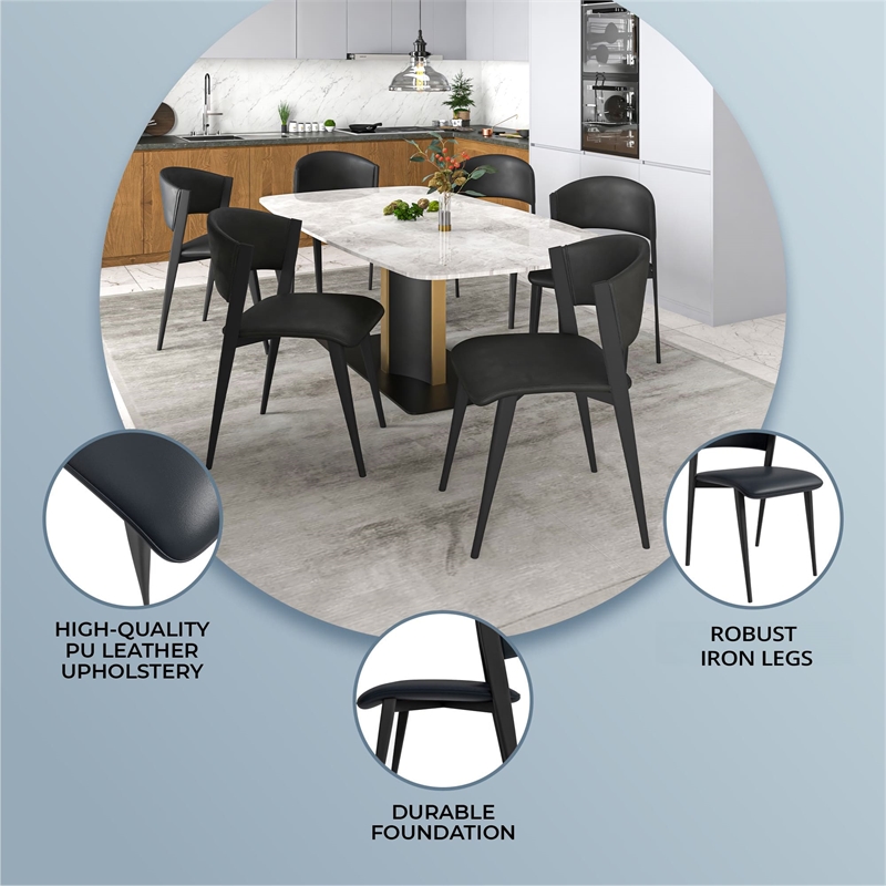 Leather Dining Chair with Curved Open-Back and Waterfall Edge Seat in Black