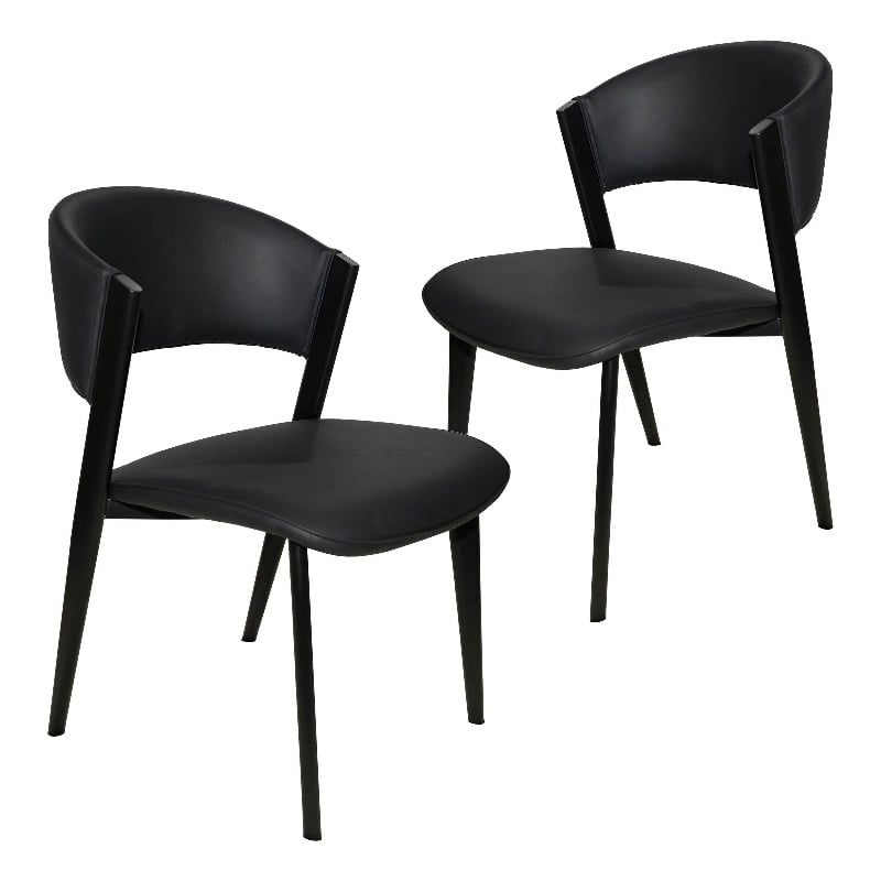 Leather Dining Chair with Curved Open-Back and Iron Legs Set of 2 in Black