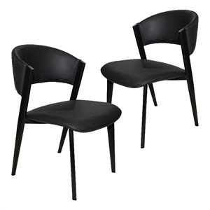 Leather Dining Chair with Curved Open-Back and Iron Legs Set of 2 in Black