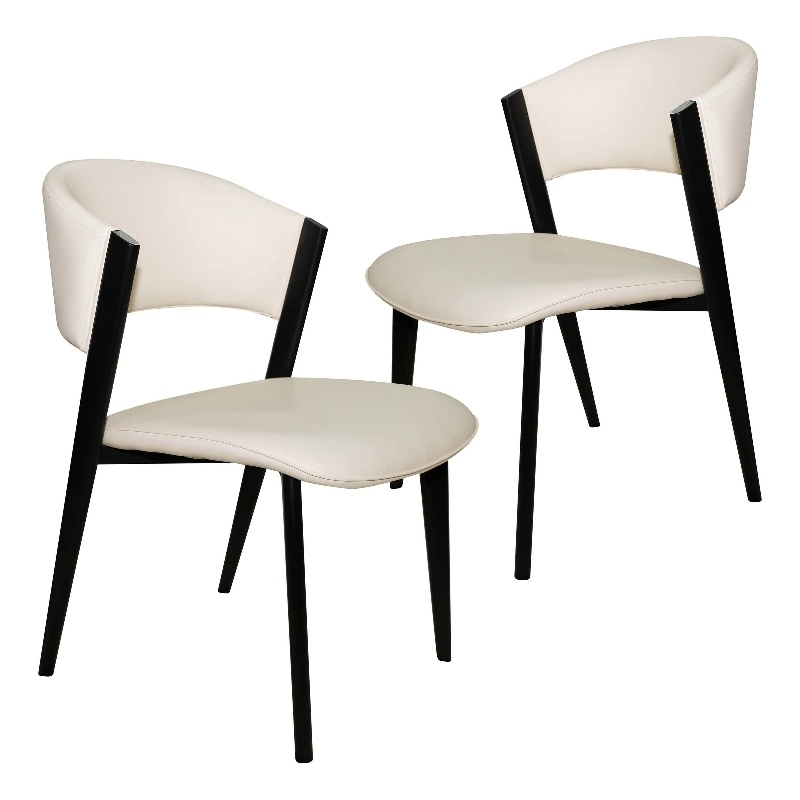 Leather Dining Chair with Curved Open-Back and Iron Legs Set of 2 in White